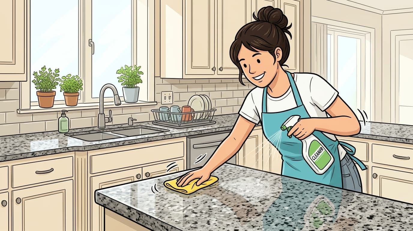 Instructional wikiHow style illustration of cleaning and maintaining polished granite kitchen countertops with microfiber cloth