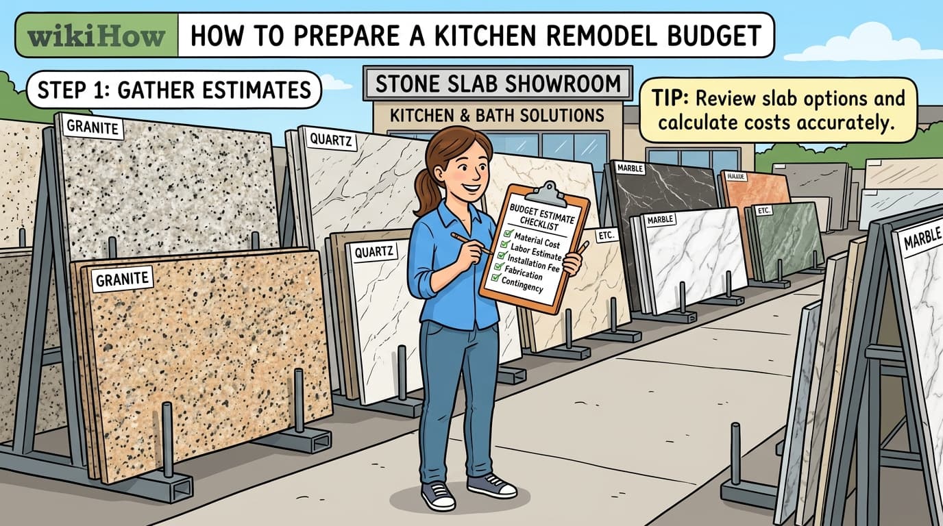 Instructional wikiHow style illustration of homeowner reviewing countertop budget estimate in a stone fabrication slab yard