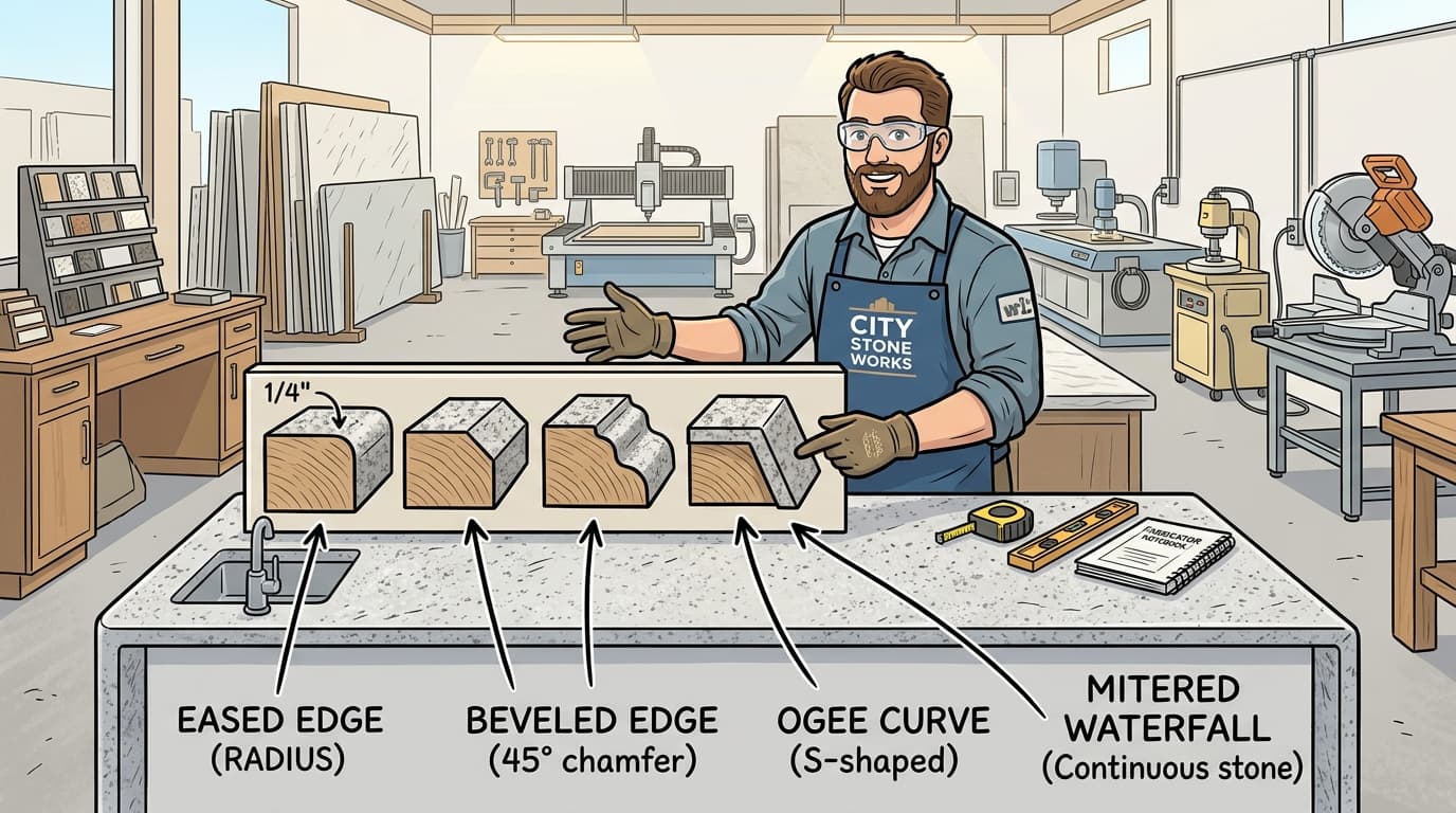 Instructional wikiHow style illustration demonstrating kitchen countertop edge profile cross-sections including eased, bullnose, ogee, and mitered waterfall edges