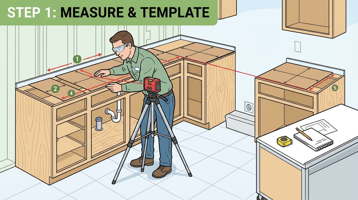 Instructional wikiHow style illustration of preparing kitchen cabinets for digital laser templating and countertop install