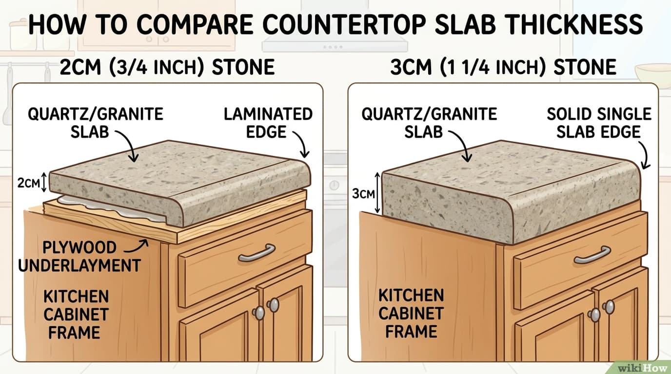 Instructional wikiHow diagram comparing 2cm countertop slab with plywood subtop and laminated edge versus solid 3cm stone on kitchen cabinets