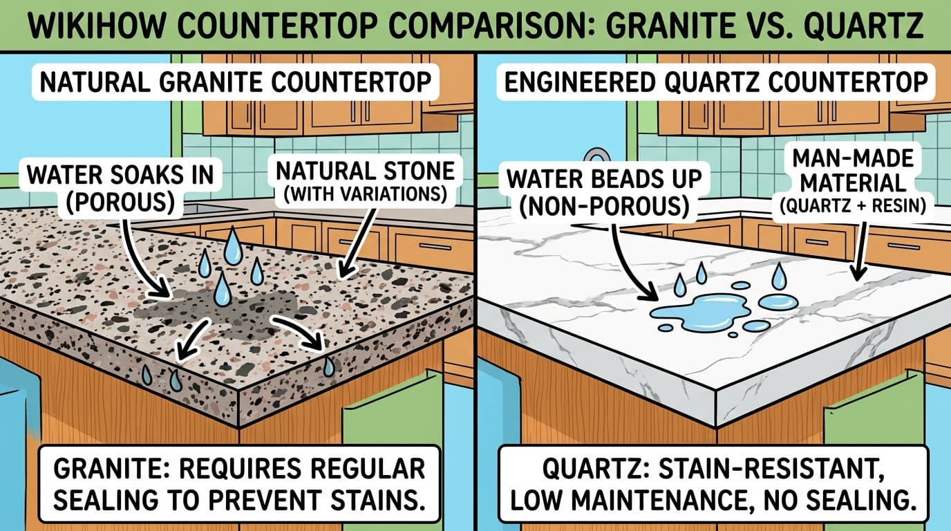 Instructional wikiHow style split illustration comparing natural granite and engineered quartz countertops