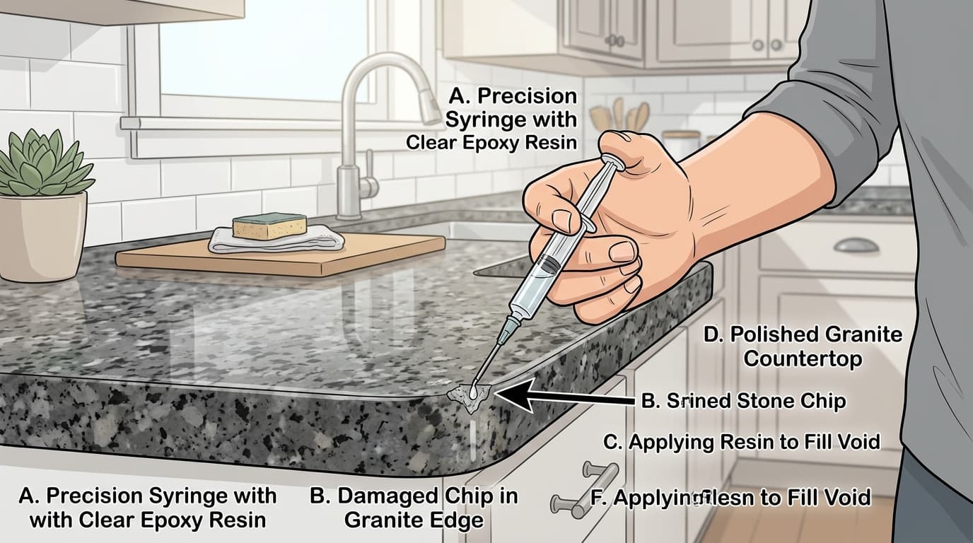 Instructional wikiHow style illustration of repairing a chipped granite and quartz countertop edge using precision clear epoxy resin