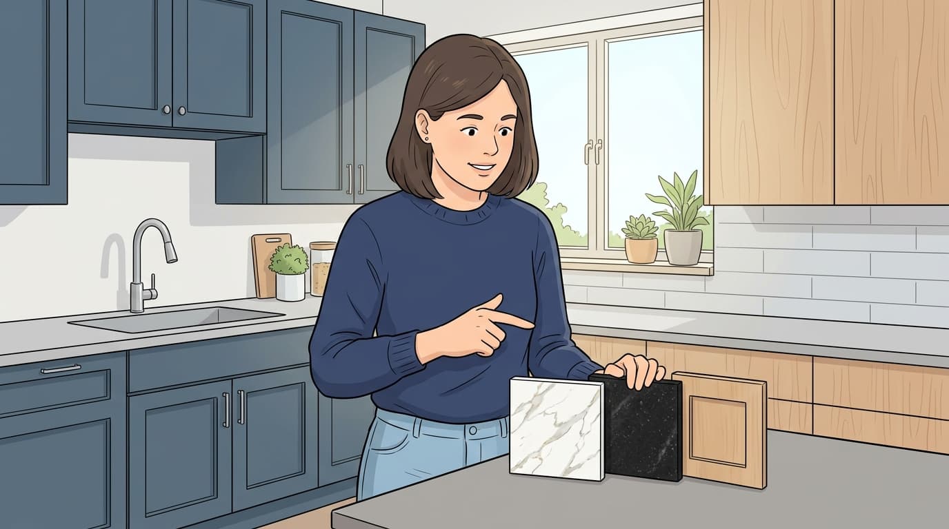 Instructional wikiHow style illustration of matching granite and quartz countertop samples with painted and wood kitchen cabinets