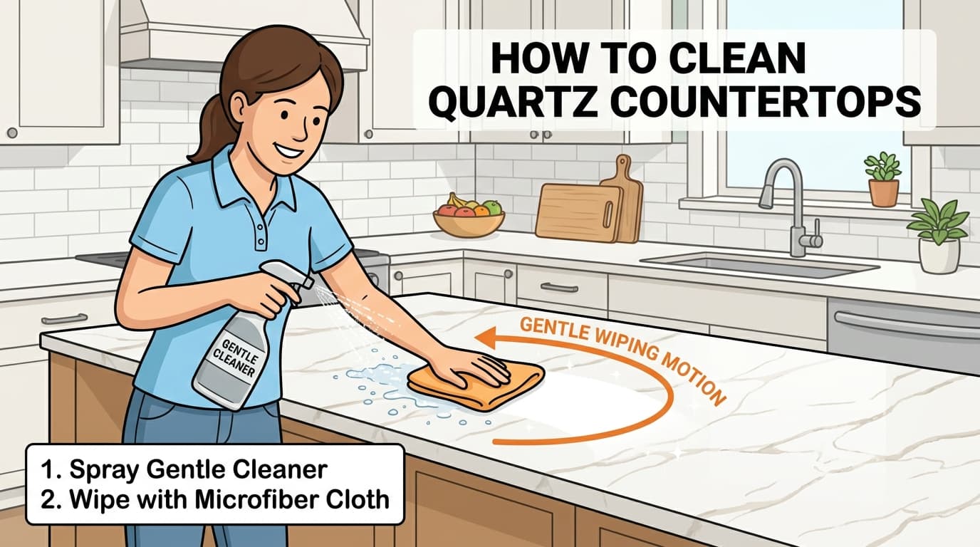 Instructional wikiHow style illustration of safely removing stains from white quartz kitchen countertops with baking soda and microfiber cloth