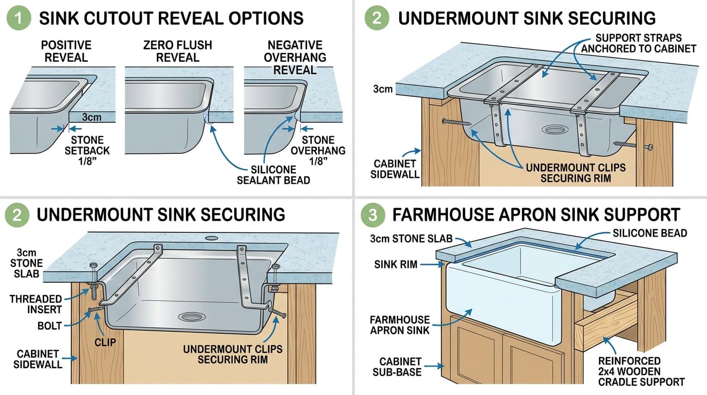 Illustrated wikiHow guide comparing undermount and farmhouse apron-front sinks with quartz and granite countertops: cutout reveal styles, 2x4 cabinet cradle framing, and undermount support straps