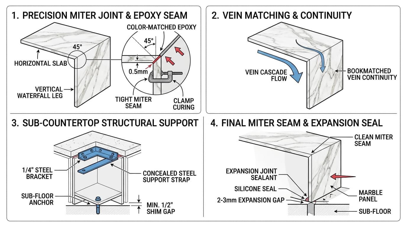 Illustrated wikiHow guide to waterfall kitchen island countertops: 45-degree precision miter joint cut, continuous vein cascading, concealed steel brackets, and floor expansion gap