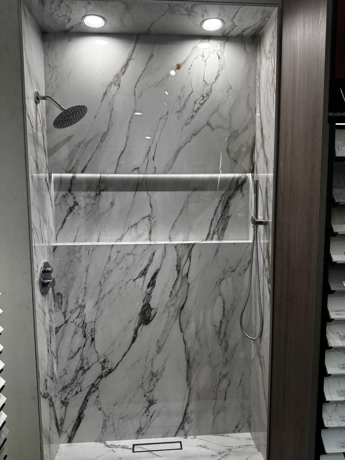 Calacatta marble-look shower surround with lighted recessed niche, Atlanta, GA