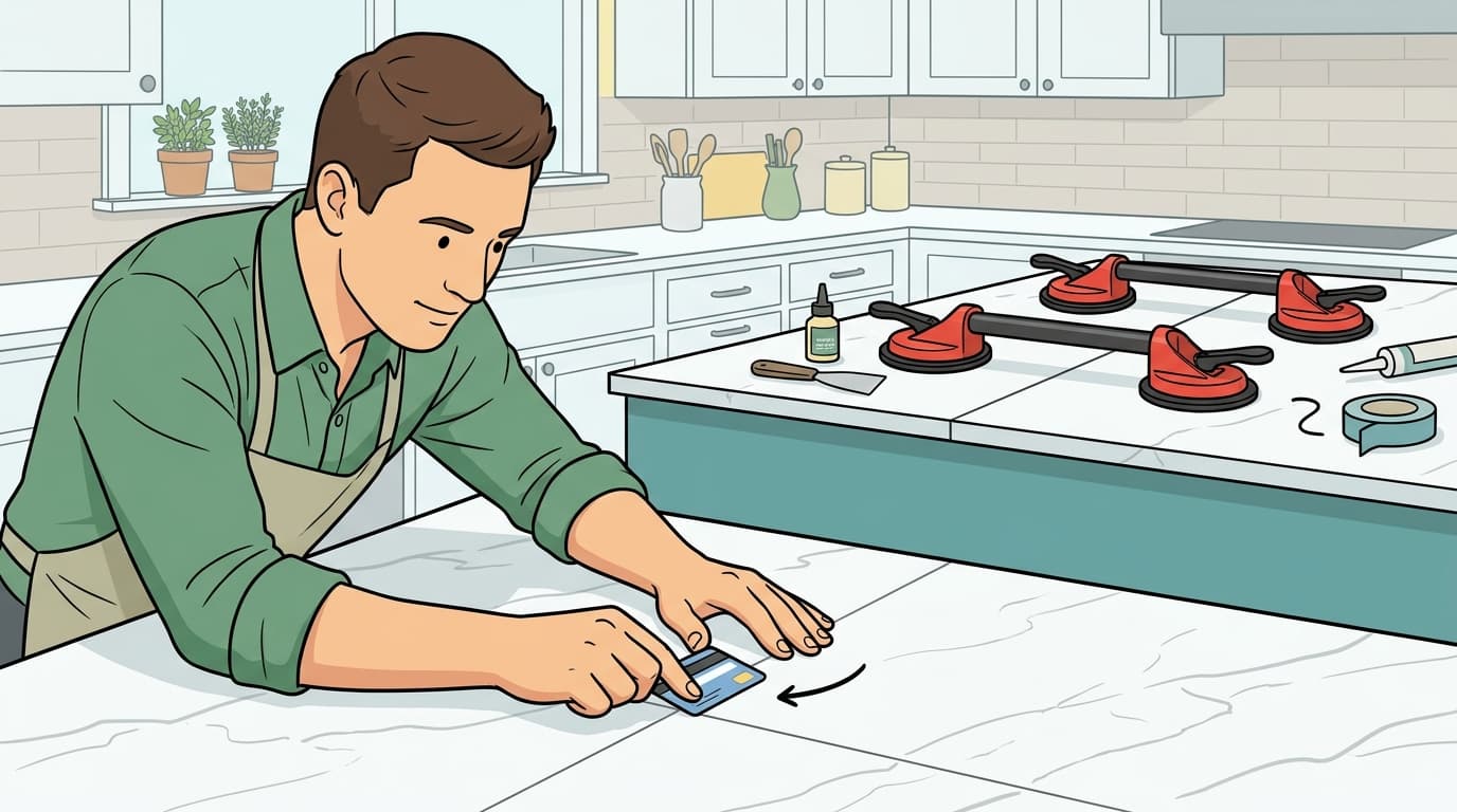 Instructional wikiHow style illustration demonstrating kitchen countertop seam inspection, credit card thickness test, vacuum seam clamp leveling, and color-matched epoxy joining on quartz countertops