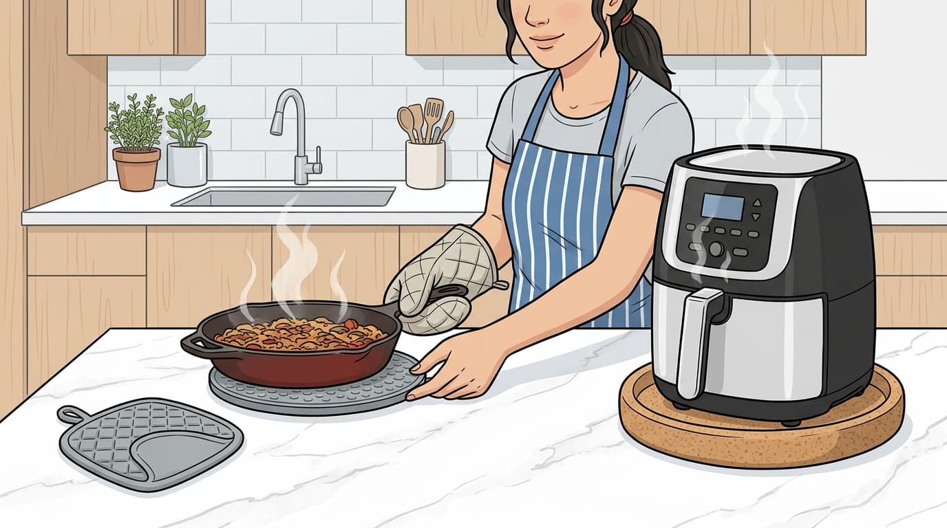 Instructional wikiHow style illustration demonstrating heat safety on quartz countertops with silicone trivets, hot cookware protection, and thermal shock prevention