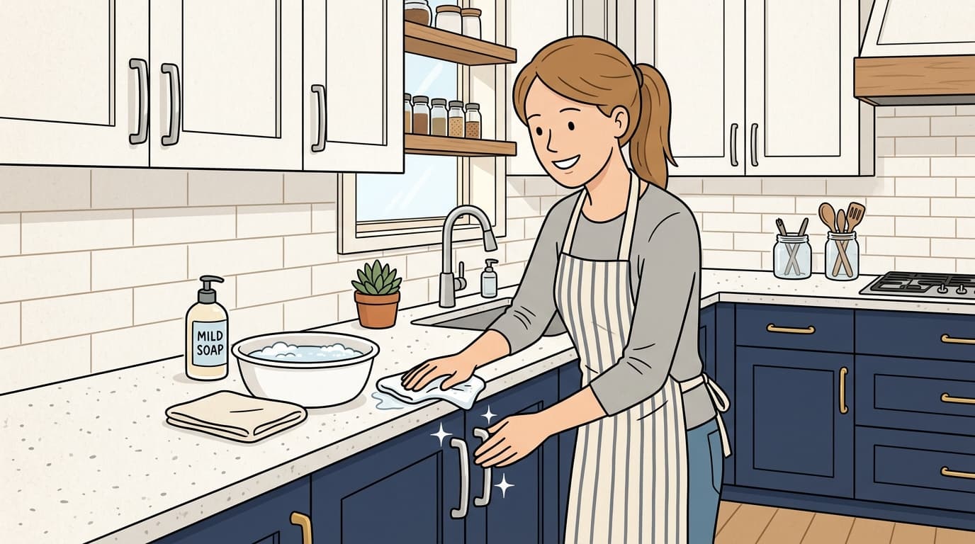 Instructional wikiHow style illustration showing a person gently cleaning shaker kitchen cabinet doors with a microfiber cloth