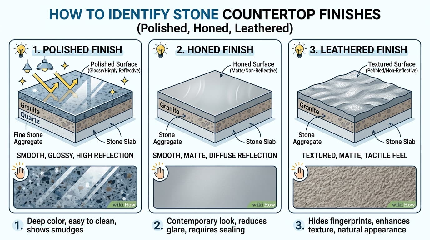 How to identify stone countertop finishes: polished glossy, honed smooth matte, and leathered textured pebbled surface on granite and quartz