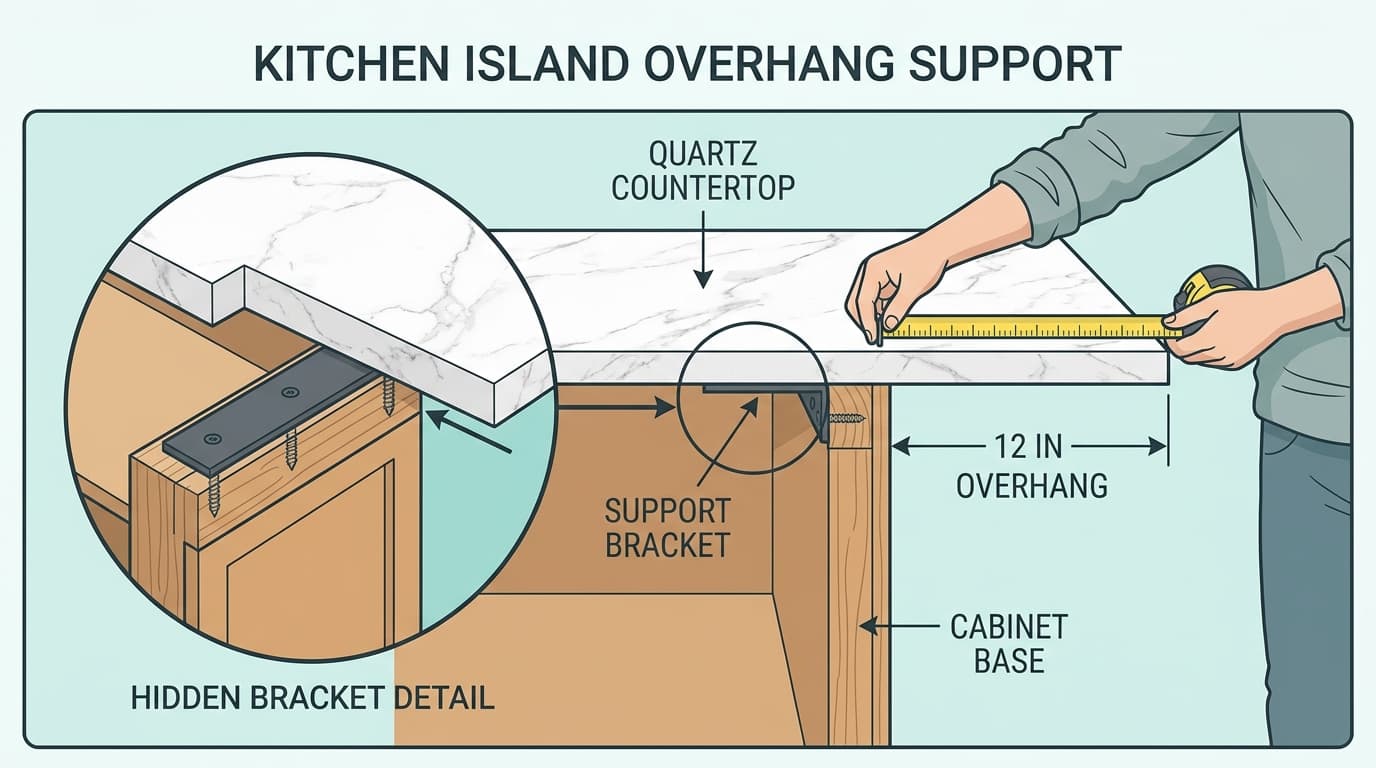 Instructional wikiHow cross-section diagram showing 12-inch kitchen island quartz countertop overhang with hidden steel support bracket