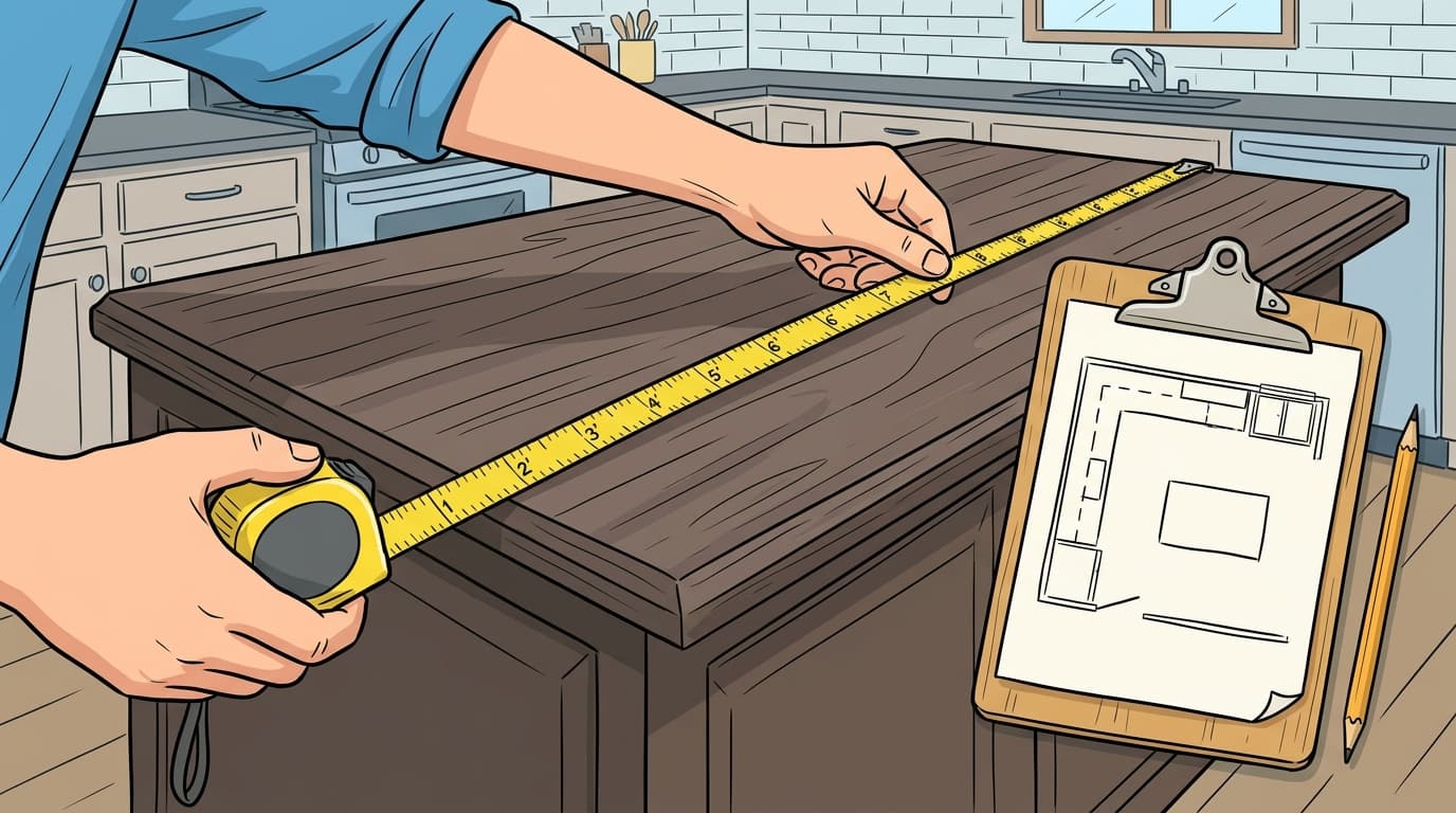Instructional wikiHow style illustration of measuring kitchen countertops with yellow tape measure and sketching layout on clipboard