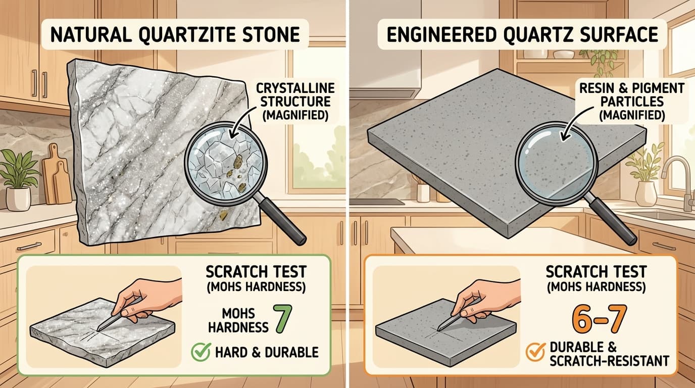 Instructional wikiHow style illustration comparing natural quartzite stone slab and engineered quartz countertop with scratch test, heat resistance, and sealing guides